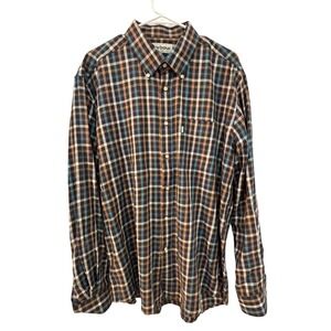 Barbour Mens Plaid Button Down Shirt Large Regular Fit Brown Blue Cotton Check